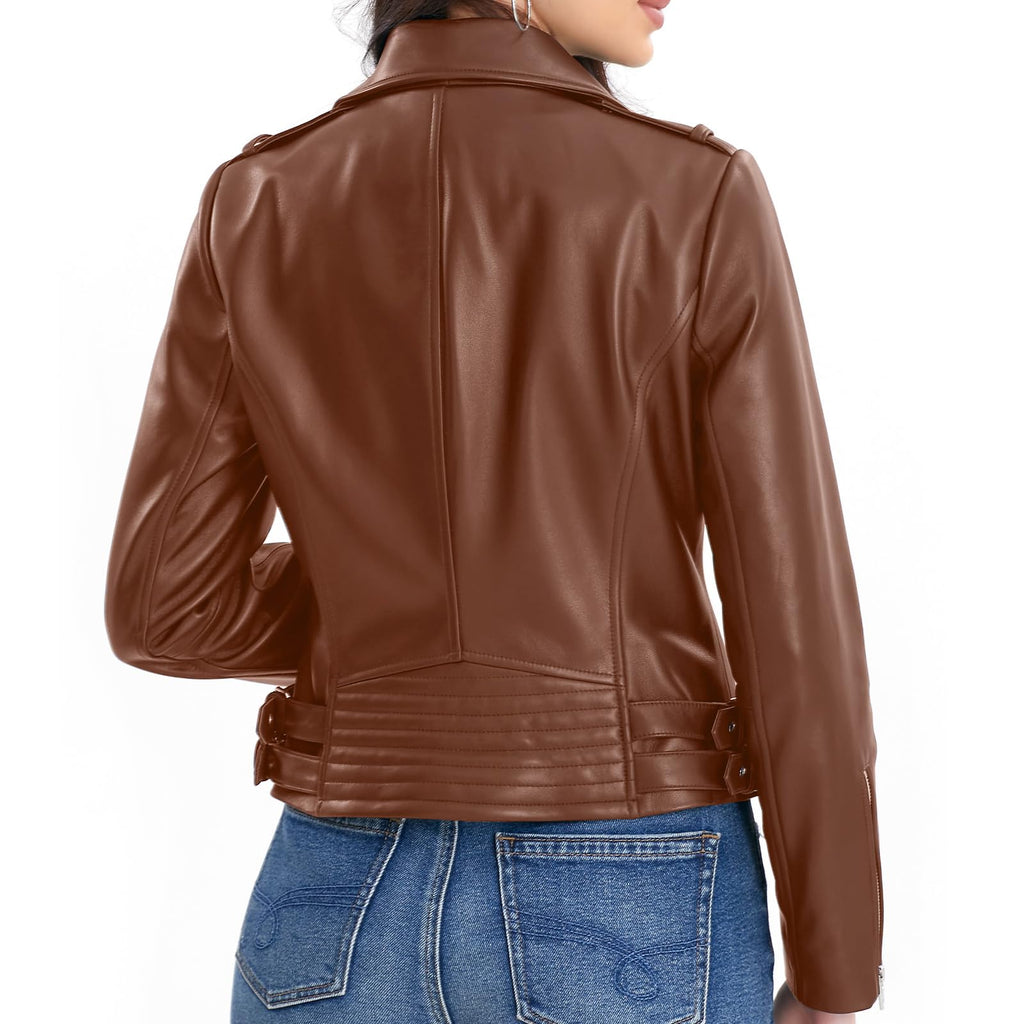 Lambskin Leather Jacket Women,Motorcycle Jacket,Asymmetrical Zip Style,Buckle Belts,Quilted Details
