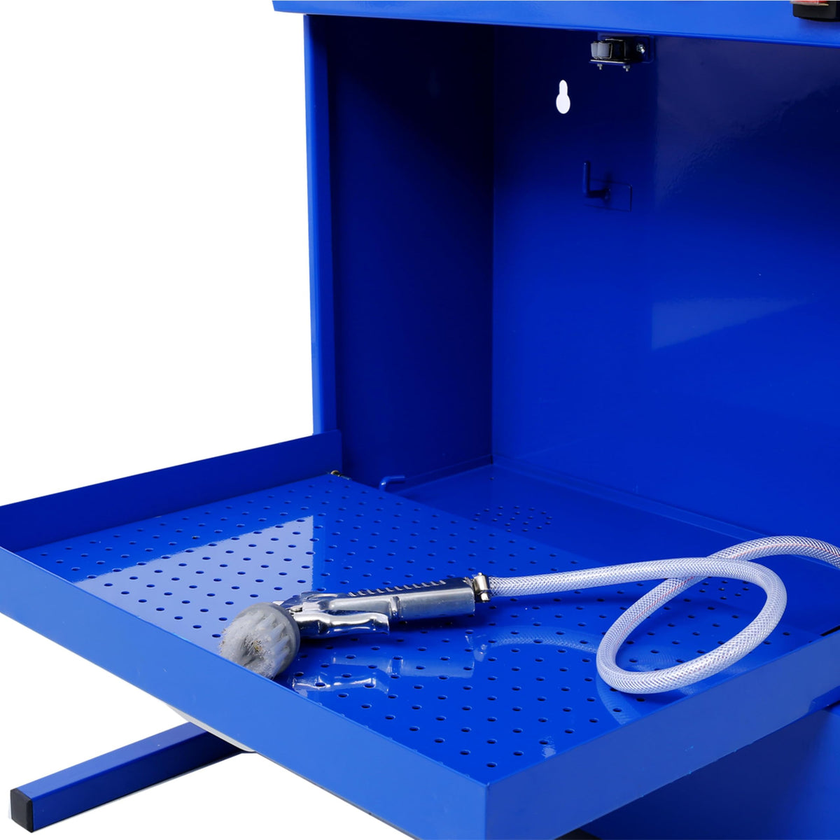 Micro Wall-Mounted Cleaner with 14L Tank Capacity Bench Part Cleaner Heavy-Duty Steel Construction and Flexible Cleaning Hose Head Blue