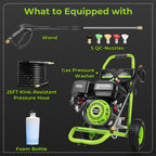 Commercial 4000PSI 4GPM 212CC 7.0HP Gas Pressure Washer, 9" Wheels Professional Gas Power Washer with 5 Nozzle 25FT Hose 1L Foam Bottle for Home Fence Driveway Yard (EPA/CARB/ETL Compliant), Green