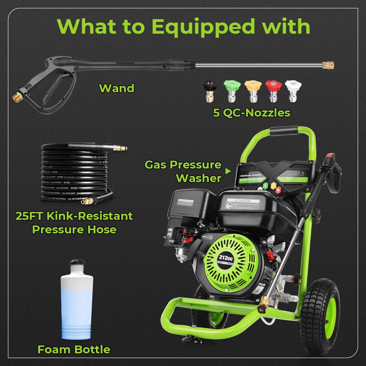 Commercial 4000PSI 4GPM 212CC 7.0HP Gas Pressure Washer, 9" Wheels Professional Gas Power Washer with 5 Nozzle 25FT Hose 1L Foam Bottle for Home Fence Driveway Yard (EPA/CARB/ETL Compliant), Green