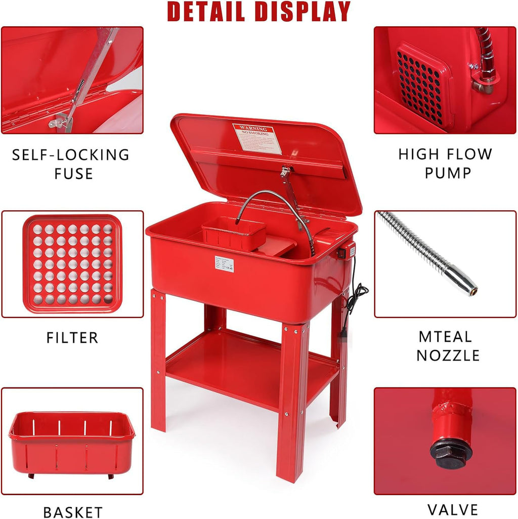 20-Gallon Parts Washer with 110V Pump, Compact Steel Construction, Rust-Resistant Powder Coated Finish, Ideal for Small Parts Cleaning