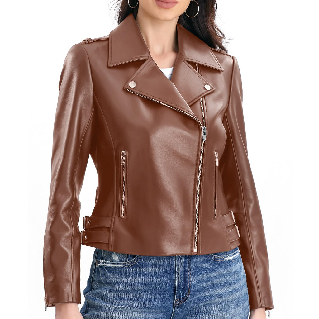 Lambskin Leather Jacket Women,Motorcycle Jacket,Asymmetrical Zip Style,Buckle Belts,Quilted Details