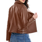 Lambskin Leather Jacket Women,Motorcycle Jacket,Asymmetrical Zip Style,Buckle Belts,Quilted Details