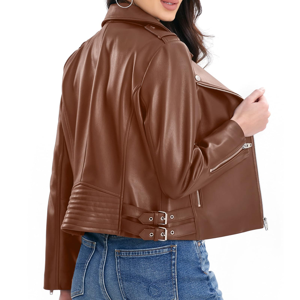 Lambskin Leather Jacket Women,Motorcycle Jacket,Asymmetrical Zip Style,Buckle Belts,Quilted Details