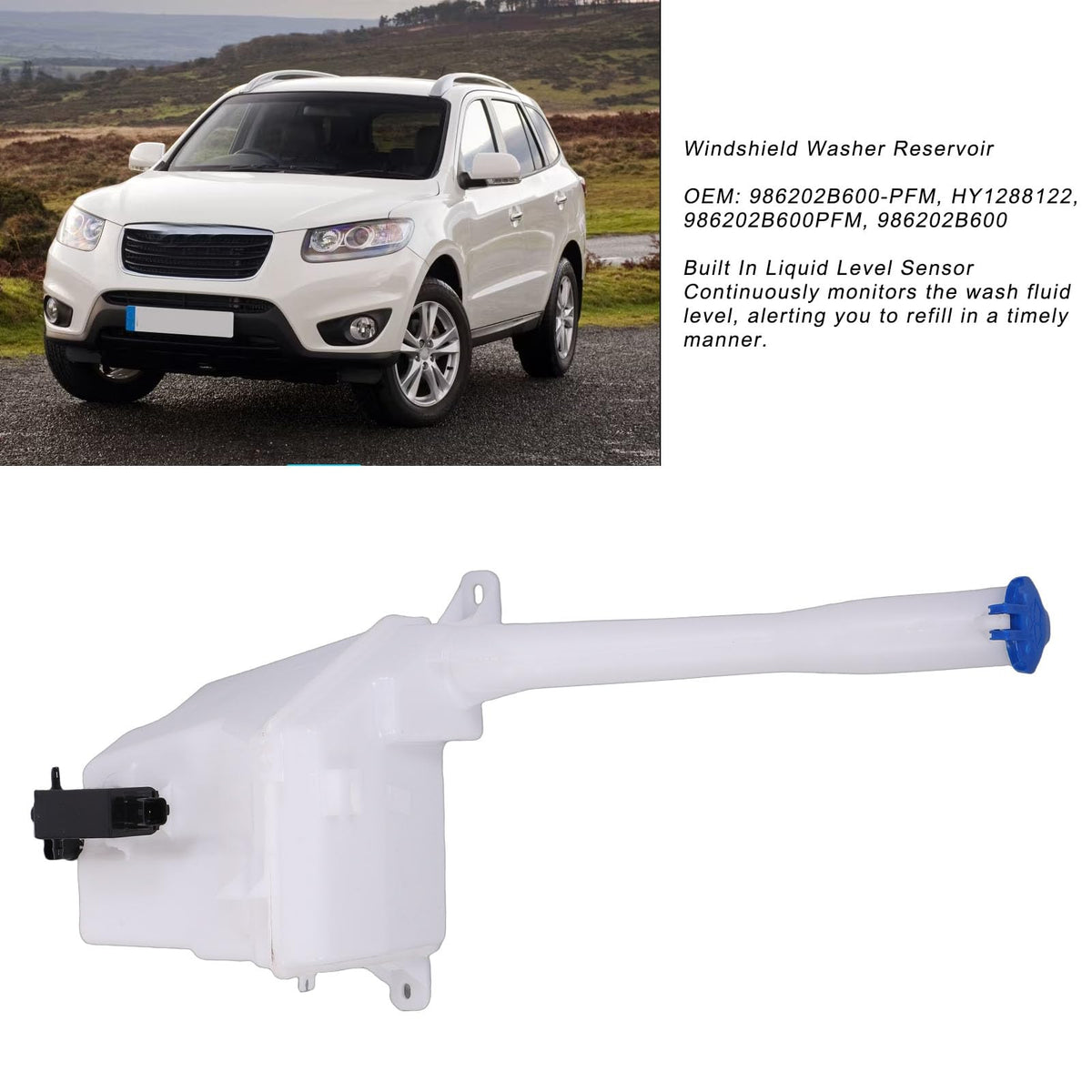 Washer Reservoir with Cap Motor Sensor Hose HY1288122 Replacemnt for Santa Fe GL Premium 2011-2012