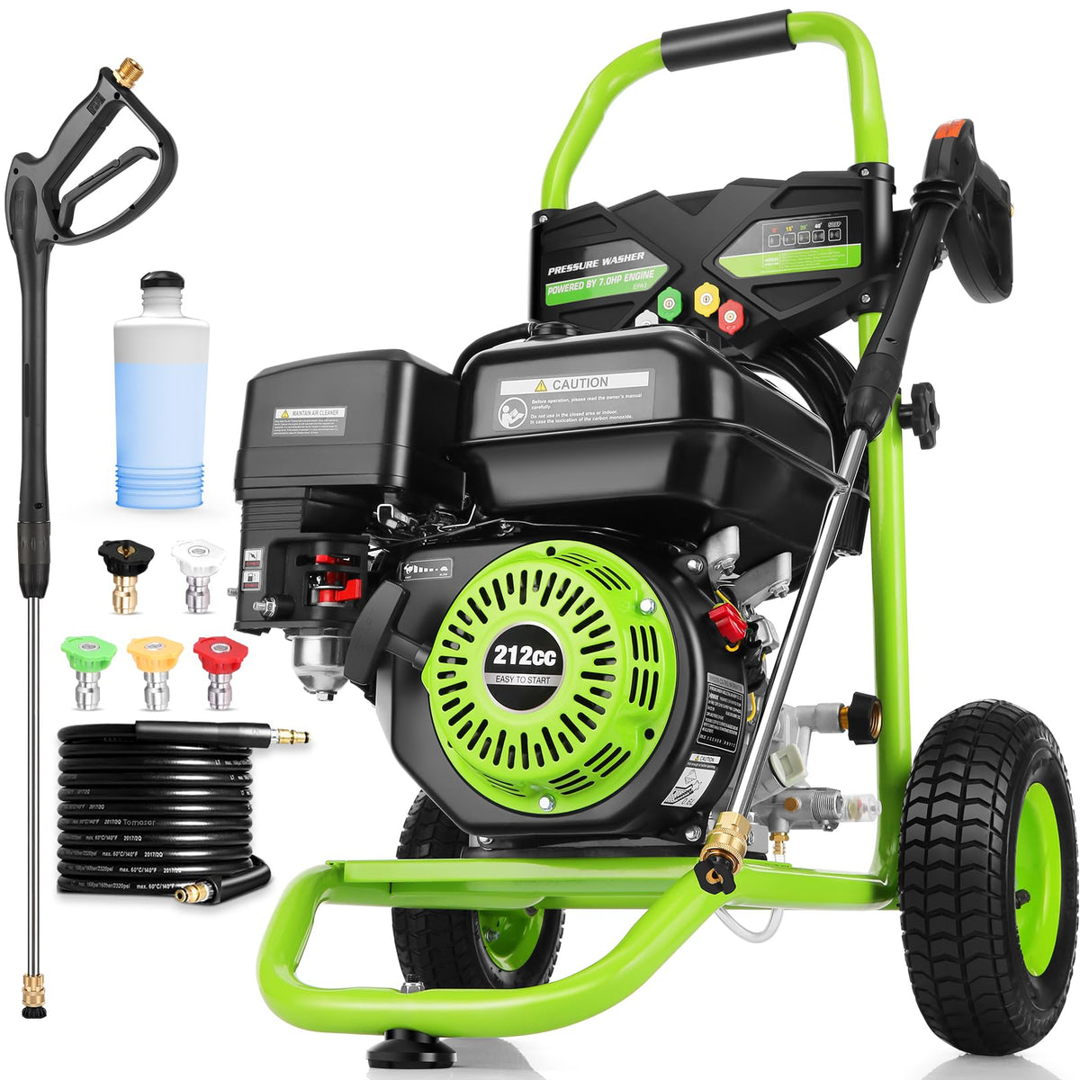 Commercial 4000PSI 4GPM 212CC 7.0HP Gas Pressure Washer, 9" Wheels Professional Gas Power Washer with 5 Nozzle 25FT Hose 1L Foam Bottle for Home Fence Driveway Yard (EPA/CARB/ETL Compliant), Green