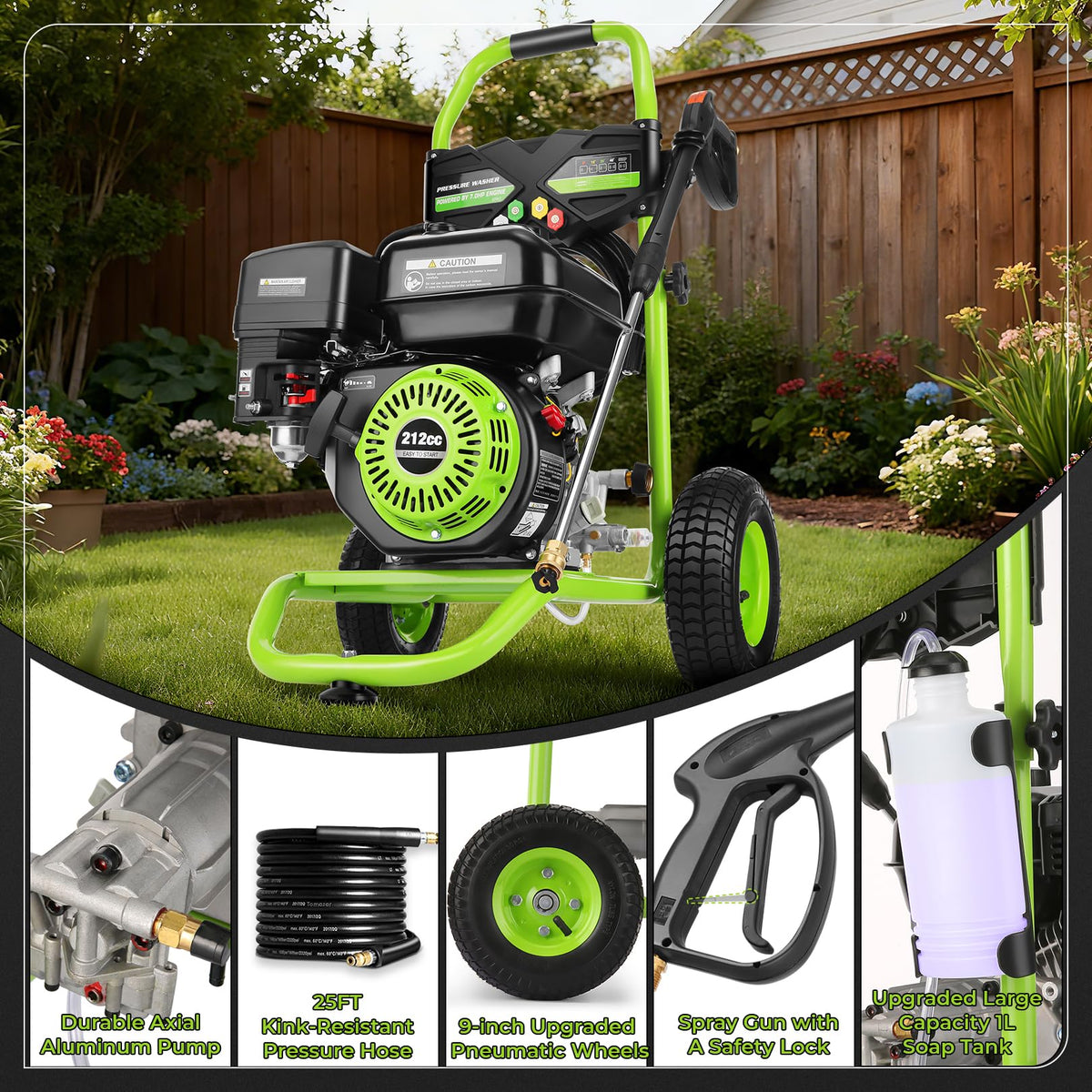 Commercial 4000PSI 4GPM 212CC 7.0HP Gas Pressure Washer, 9" Wheels Professional Gas Power Washer with 5 Nozzle 25FT Hose 1L Foam Bottle for Home Fence Driveway Yard (EPA/CARB/ETL Compliant), Green