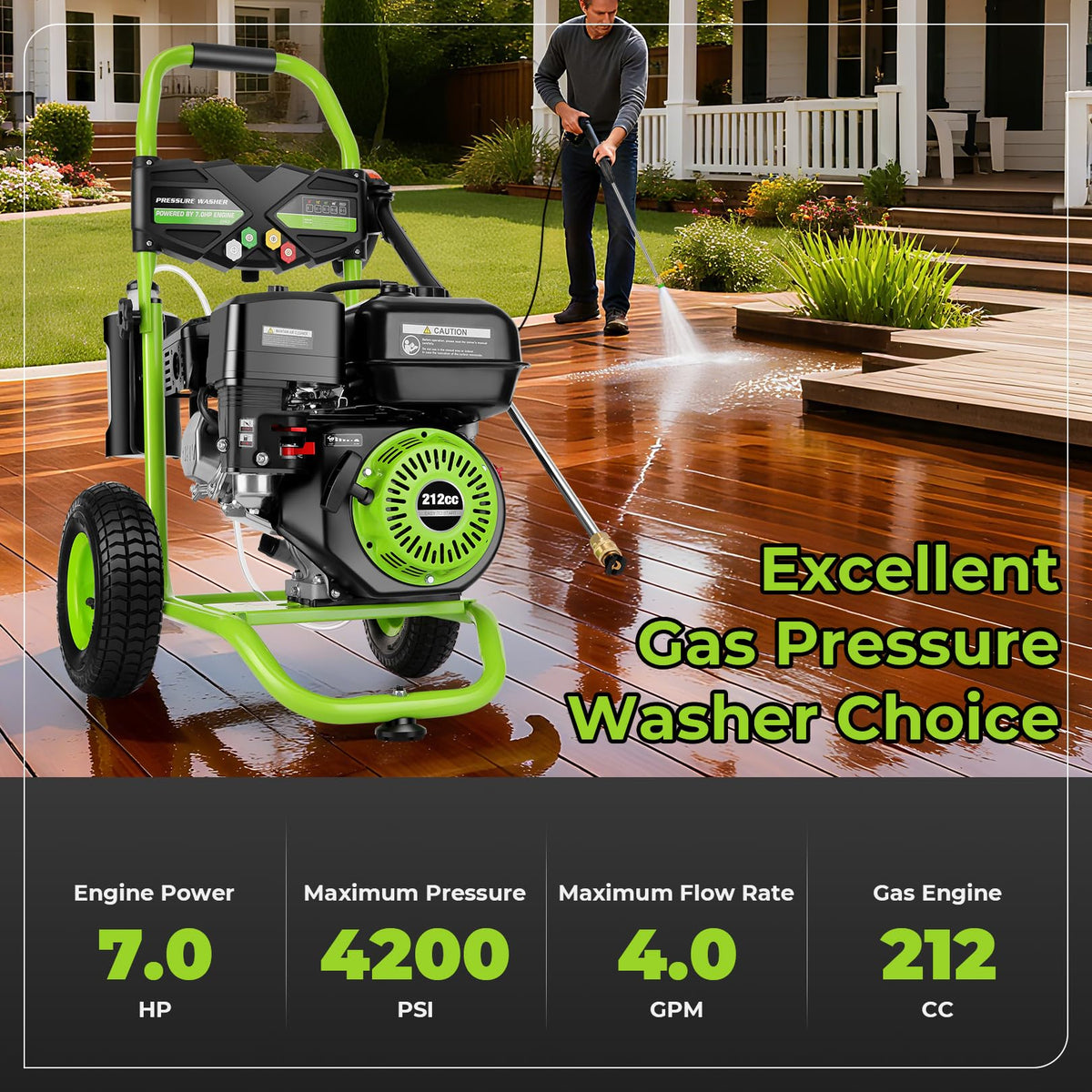 Commercial 4000PSI 4GPM 212CC 7.0HP Gas Pressure Washer, 9" Wheels Professional Gas Power Washer with 5 Nozzle 25FT Hose 1L Foam Bottle for Home Fence Driveway Yard (EPA/CARB/ETL Compliant), Green
