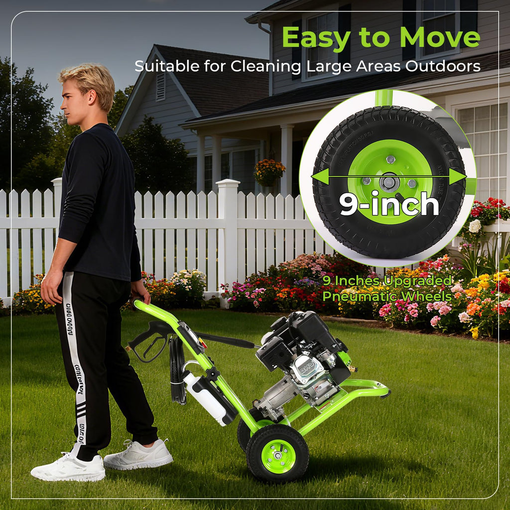 Commercial 4000PSI 4GPM 212CC 7.0HP Gas Pressure Washer, 9" Wheels Professional Gas Power Washer with 5 Nozzle 25FT Hose 1L Foam Bottle for Home Fence Driveway Yard (EPA/CARB/ETL Compliant), Green