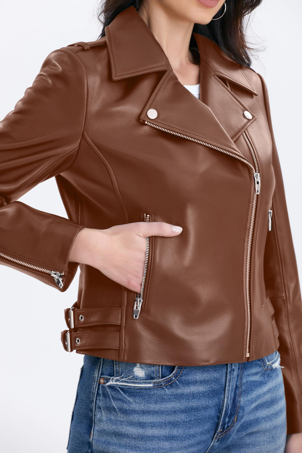 Lambskin Leather Jacket Women,Motorcycle Jacket,Asymmetrical Zip Style,Buckle Belts,Quilted Details