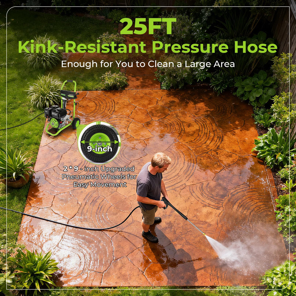 Commercial 4000PSI 4GPM 212CC 7.0HP Gas Pressure Washer, 9" Wheels Professional Gas Power Washer with 5 Nozzle 25FT Hose 1L Foam Bottle for Home Fence Driveway Yard (EPA/CARB/ETL Compliant), Green